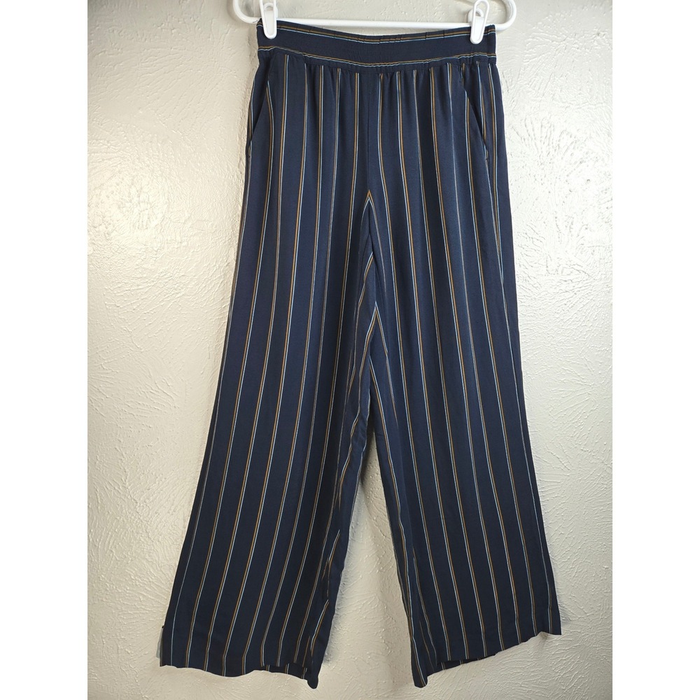 Lafayette 148 Striped Wide Leg Pants S Navy Blue Relaxed Pull On Career Trousers